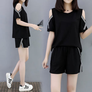 Large Size Women's Casual Suit Summer Loose Thin Strapless Two-piece Short-sleeved T-shirt