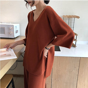 Knitting Female Sweater Pantsuit For Women Two Piece Set Knitted Pullover V-neck Long Sleeve Bandage Top Wide Leg Pants  Suit