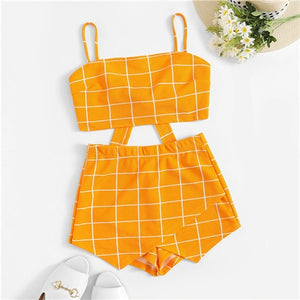 COLROVIE Grid Crop Back Tie Cami Top And Shorts Set Plaid Summer Spaghetti Strap Clothes Set Stretchy Sexy Two Piece Set