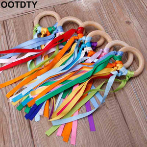 Rainbow Natural Wooden Ribbon Ring Waldorf Toys Baby Teether Newborn Sensory Toy Shower Gift